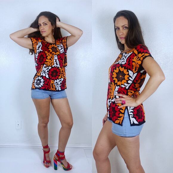vintage 70s Orange Red EMBROIDERED BIRDS Jalapa Huipil MEXICAN Top os tunic boho - Picture 3 of 10